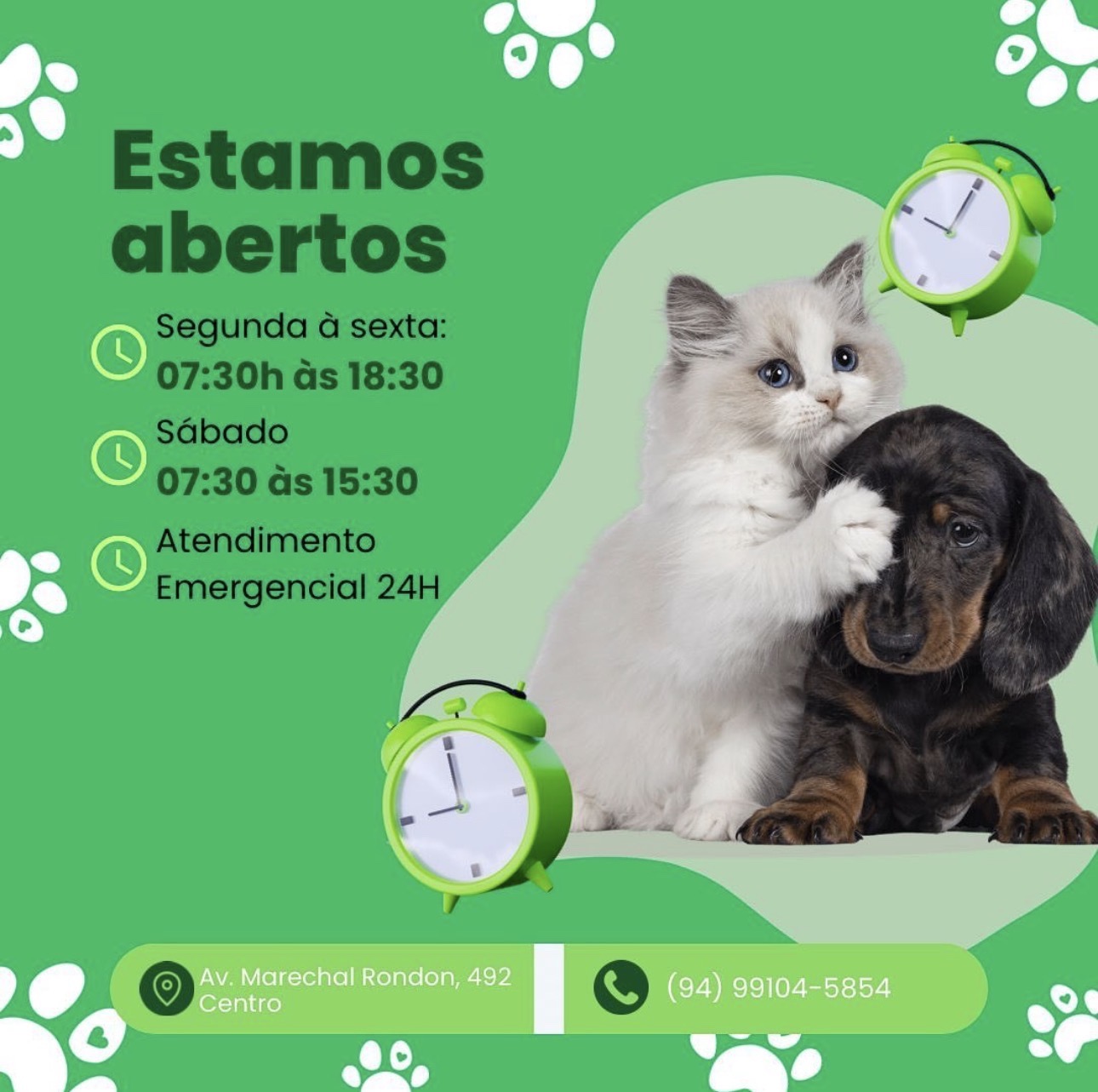 Arte com horários de funcionamento da Arca de Noé - Atendimento 24h