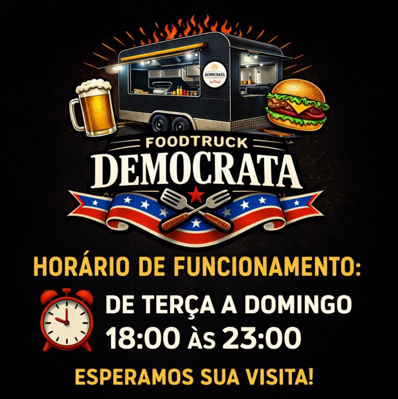 Poster com os horarios do food truck Democrata